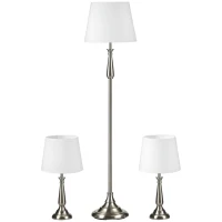 HOMCOM 3-częściowy zestaw lamp w stylu retro, 2 lampy stołowe, 1 lampa podłogowa, 35,5 cm x 35,5 cm x 146 cm, Srebrny + Biały(m-11)