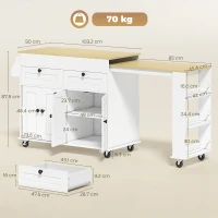 HOMCOM isla central de cocina con encimera extensible, carrito de cocina sobre ruedas con 2 cajones, 4 puertas, blanco(m-3)