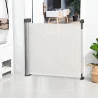 PawHut Barrière animaux rétractable automatique barrière de sécurité enroulable pour escaliers barrière extensible opération à une main dim. 1,4L x 0,88H m aluminium maille PVC blanc(m-10)