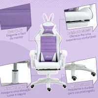 Vinsetto Cadeira Gaming Giratória de Couro PU com Altura Ajustável Inclinável 135° Apoio para a Cabeça 65x63x136-142 cm Branco e Roxo(m-8)