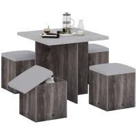 HOMCOM 5PC Dining Set Garden Patio Wooden Set 4 Storage Stools Footrest Ottoman with Cushions + 1 Table Space Saving Design Indoor Outdoor(m-10)