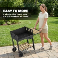 Outsunny Grill na węgiel drzewny z 4-stopniową regulacją wysokości rusztu, 2 drewniane półki, 2 kółka, tacka na popiół, 99,5 x 58 x 82 cm(m-9)