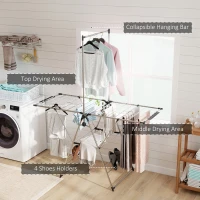 HOMCOM Suszarka składana, z regulowanymi skrzydłami, uchwytami na buty, stal nierdzewna, 156,5 x 68 x 192 cm, srebrna(m-4)