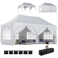 Outsunny 3 x 6m Pop Up Gazebo Shelter with Sides, 6 Sandbags, Peak Top Garden Party Tent Marquee with Carry Bag, Light Grey/White(m-10)