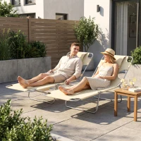 Outsunny 5-Position Adjustable Sun Loungers Set of 2 with Reading Hole and Side Pocket, Beige(m-8)