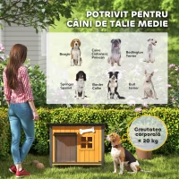 PawHut Cușcă pentru câini de exterior din lemn și oțel rezistent la mușcături, cu acoperiș rabatabil și perdea pentru ușă, galben(m-9)