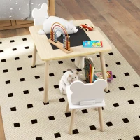 AIYAPLAY Mesa infantil con 2 sillas, conjunto con almacenamiento y respaldo en forma de oso para niños de 3-6 años, madera natural(m-4)