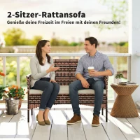 Outsunny 2-Sitzer Rattan Gartensofa PE-Rattan Outdoor-Terrassen-Sofa mit Polster, Anti-Rutsch-Matten, Stahlrahmen, Khaki(m-4)
