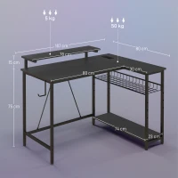 HOMCOM Biurko L-kształtne z LED, gniazdkami, USB, biurko komputerowe z półką, 107 x 80 x 90 cm, czarne(m-3)