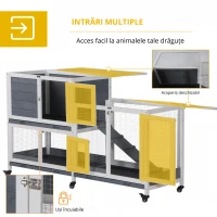PawHut Cușcă de Lemn cu Roți 147x45,5x88,5 cm Jaulă pentru Iepuri de 2 Etaje cu Acoperiș Deschis 2 Curți din Metal 3 Tăvi Detașabile 3 Uși cu Sistem de Închidere și Rampă Gri(m-6)