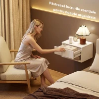 HOMCOM Set de 2 Noptiere Suspendate cu Sertar Decorat și Raft Deschis, Alb(m-4)