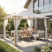 Outsunny Carpa para Jardín con Techo Doble Cenador con Paredes de Malla UPF50+ para Exterior Terraza 360x300x275 cm Crema y Teca(m-8)