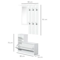 HOMCOM 2PC Shoes Storage Chest Cloths Rack Unit w/Mirror Multiple Shelves Large Storage Capacity Shoes Cabinet 6 Hooks Cloth Rack White(m-3)