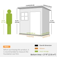 Outsunny Gartenschuppen, Gartenhaus mit Fenster, verschließbare Tür, für Garten, Terrasse, Stahl, 221L x 133B x 190H cm, Grau(m-3)