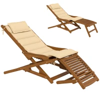 Outsunny Transat Chaise Pliable en Bois avec Repose-pieds Amovible et Coussin avec Appui-tête Charge 160 kg 158x61x70 cm Beige(m-1)