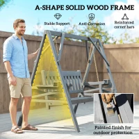 Outsunny 2-osobowa huśtawka ogrodowa z drewna, ławka bujana z półkami, uchwytami na napoje i łańcuchami, szara(m-7)