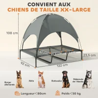 PawHut Lit chien sureleve avec parasol, lit de camp chien chat sur pieds tissu Oxford respirant, anti-UV cadre en métal sac de transport inclus couchage extérieur pour chat 122 x 92 x 108 cm gris noir(m-3)
