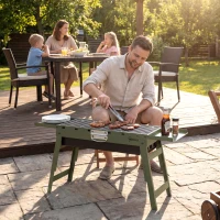 Outsunny Portable BBQ Grill, Foldable Charcoal Grill for Camping and Picnics with 2 Side Shelves and Handle, Green(m-7)