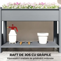 Outsunny Jardinieră Ridicată cu 2 Ghivece Laterale și Raft pentru Unelte, din Lemn de Brad, 149x46x76 cm, Gri(m-5)