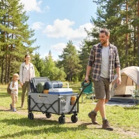 Outsunny 80L Foldable Festival Trolley on Wheels, Collapsible Wagon Cart with Drop-Down Tailgate, Adjustable Handle, Grey(m-2)