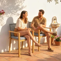 Outsunny Lot de 2 chaises de jardin en acacia certifié FSC empilables, chaises en bois avec dossier en rotin, coussins amovibles, accoudoirs(m-2)