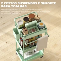 HOMCOM Carrinho Auxiliar com Rodas de 3 Níveis com Cestos Extraíveis Suporte para Toalhas e Estrutura de Metal 42x42,5x76 cm Verde(m-5)
