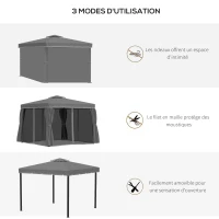 Outsunny Tonnelle de jardin extérieur 3 x 3 m, barnum avec toit double, rideaux et moustiquaire, cadre en aluminium, gris foncé(m-6)