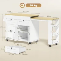 HOMCOM insulă centrală de bucătărie cu blat extensibil, servanta de bucătărie pe roți cu 2 sertare, 4 uși, alb(m-3)