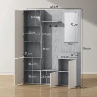 HOMCOM Mobilă de hol 4 în 1 cu oglindă, cârlige și rafturi interioare, din lemn, 145x29x184 cm, gri și alb(m-3)