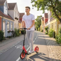 HOMCOM Trotinete Dobrável com Guiador Ajustável, Rodas Grandes de 200 mm, Amortecimento e Travão, Carga Máxima de 100 kg, 91,5x36,5x91-104 cm, Vermelho(m-9)