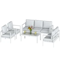 Outsunny Mobilier de Grădină din Aluminiu cu Canapea 3 Locuri, 2 Fotolii și Masă pentru Exterior, Alb(m-10)