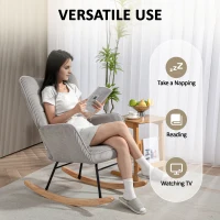 HOMCOM Fotel bujany, fotel relaksacyjny z imitacji sztruksu, z podłokietnikami, tapicerowany z wysokim oparciem, drewniane płozy, nowoczesny fotel do salonu i sypialni, do 120 kg, jasnoszary(m-6)