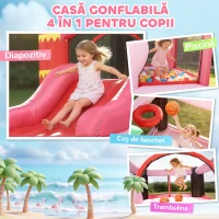 AIYAPLAY Castel Gonflabil pentru Copii 4 în 1, Tobogan, Trambulină, Piscină cu Bile, Coș de Baschet, Mingi de Baschet, Tematică Flamingo, Ventilator, Geantă de Transport, Interior Exterior, 255x230x196cm, Roz(m-4)