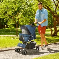 PawHut Cărucior pentru Câini cu Copertină Reglabilă, Coș Depozitare și Roți cu Frână Material Oxford 77x45x99,5 cm Albastru Închis(m-2)