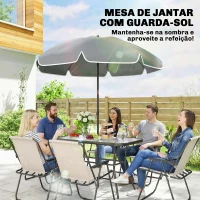 Outsunny Conjunto de Mesa e Cadeiras de Jardim de 8 Peças com Chapéu de Sol 6 Cadeiras Dobráveis e Mesa de Vidro Creme e Cinza(m-6)