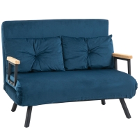 HOMCOM Sofa do spania 2-osobowa Sofa z aksamitu, z funkcją spania, w zestawie 2 poduszki, w aksamitnym wykończeniu, Naturalne + Niebieskie