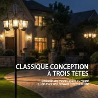 Outsunny Lampadaire extérieur solaire à 3 têtes, lampadaire jardin, éclairage LED, capteur automatique crépuscule à l'aube, noir(m-8)
