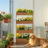 Outsunny Jardinera de Madera de 4 Niveles Jardinera Elevada Exterior con Orificios de Drenaje Tela no Tejida Marrón(m-9)