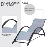 Outsunny Set de 2 șezlonguri și măsuță cu blat din sticlă, 59x169x66 cm, gri deschis(m-4)
