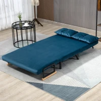 HOMCOM Sofa do spania 2-osobowa Sofa z aksamitu, z funkcją spania, w zestawie 2 poduszki, w aksamitnym wykończeniu, Naturalne + Niebieskie(m-7)