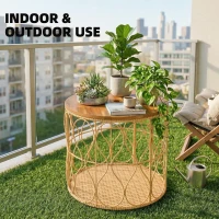 Outsunny Bijzettafel Ø50 cm weerbestendig Tuintafel met rotanlook Acaciahouten tafelblad verstelbare voetjes Teak(m-6)