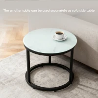 HOMCOM Glass Coffee Table Set of 2, Round Nest of Tables with Marble-Effect Tempered Glass Tabletop and Steel Frame, Modern Side Tables for Living Room, White(m-5)