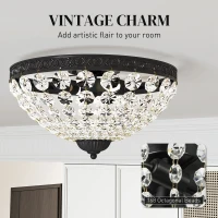 HOMCOM Crystal Chandelier Ceiling Light with 168 Octagonal Beads, Vintage 2-Light Flush Mount Ceiling Light for Living Room, Bedroom, Hallway, Dining Room, Black(m-4)