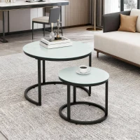 HOMCOM Glass Coffee Table Set of 2, Round Nest of Tables with Marble-Effect Tempered Glass Tabletop and Steel Frame, Modern Side Tables for Living Room, White(m-8)