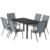 Outsunny Conjunto de Mesa e Cadeiras Jardim de 7 Peças com Mesa Metálica Efeito Madeira e 6 Cadeiras Empilháveis Cinza Misto(m-12)