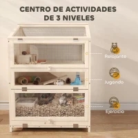 PawHut Jaula para Hámster de Madera de 3 Niveles con Bebederos Casetas Balancines Bandeja Extraíble y Tapas Abatibles Natural(m-4)