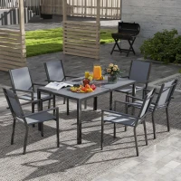 Outsunny Table de jardin extérieure avec 6 chaises empilables, plateau à lattes 150 cm, structure en acier anti-rouille, gris(m-10)
