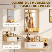 HOMCOM Conjunto de Recibidor de Entrada de Pared con Espejo y Almacenaje Espejo con Cajón y 2 Estantes Abiertos Madera Natural(m-4)