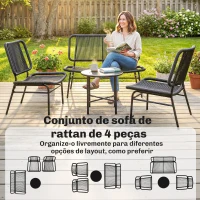 Outsunny Conjunto Jardim de Vime com 4 Peças Inclui Sofá de 2 Lugares 2 Poltronas e Mesa de Centro com Tampo Metálico Preto(m-4)