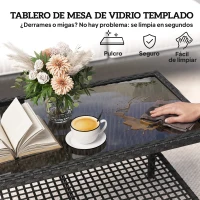 Outsunny Mesa de Jardín de Ratán Mesita Auxiliar con Estante Tablero de Vidrio Templado Estructura de Acero 92x50x45 cm Negro(m-6)